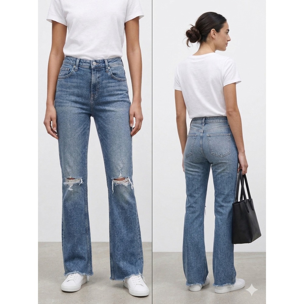 Zara High Waisted Flare Jeans Light‎ Wash Distressed Raw Hem Blue Size 8 40